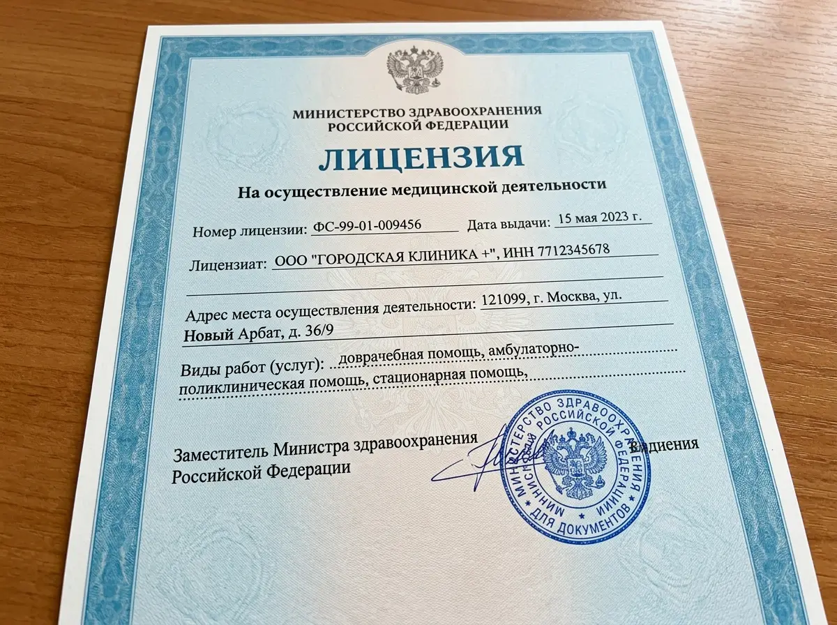 Лицензия Министерства здравоохранения РФ на осуществление медицинской деятельности, официальный документ с печатью, синий бланк