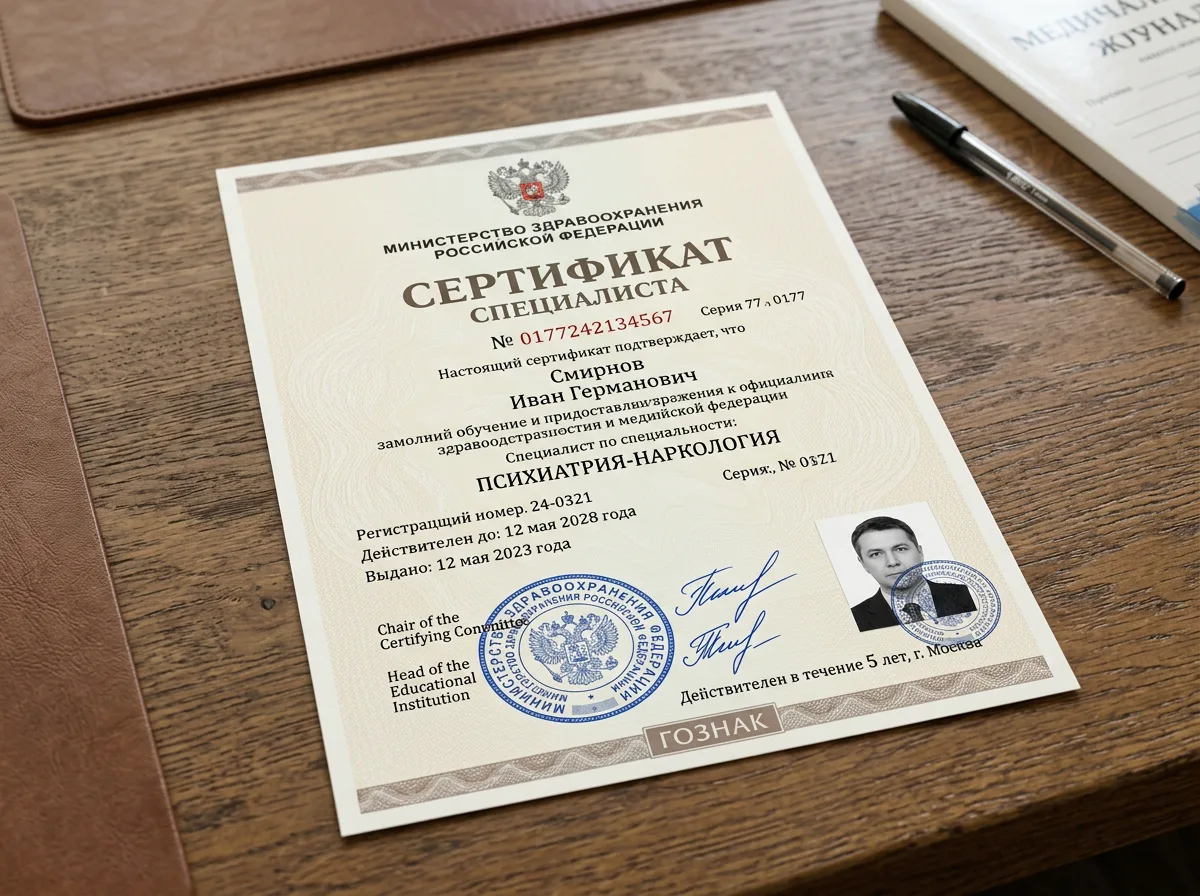 Сертификат специалиста врача психиатра-нарколога с печатью Минздрава, официальный медицинский документ